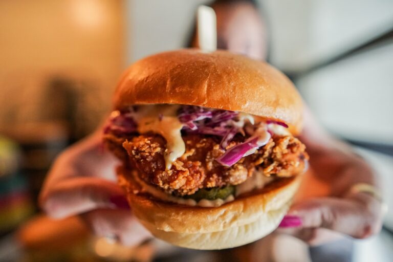 a delicious fried chicken burger with slaw
